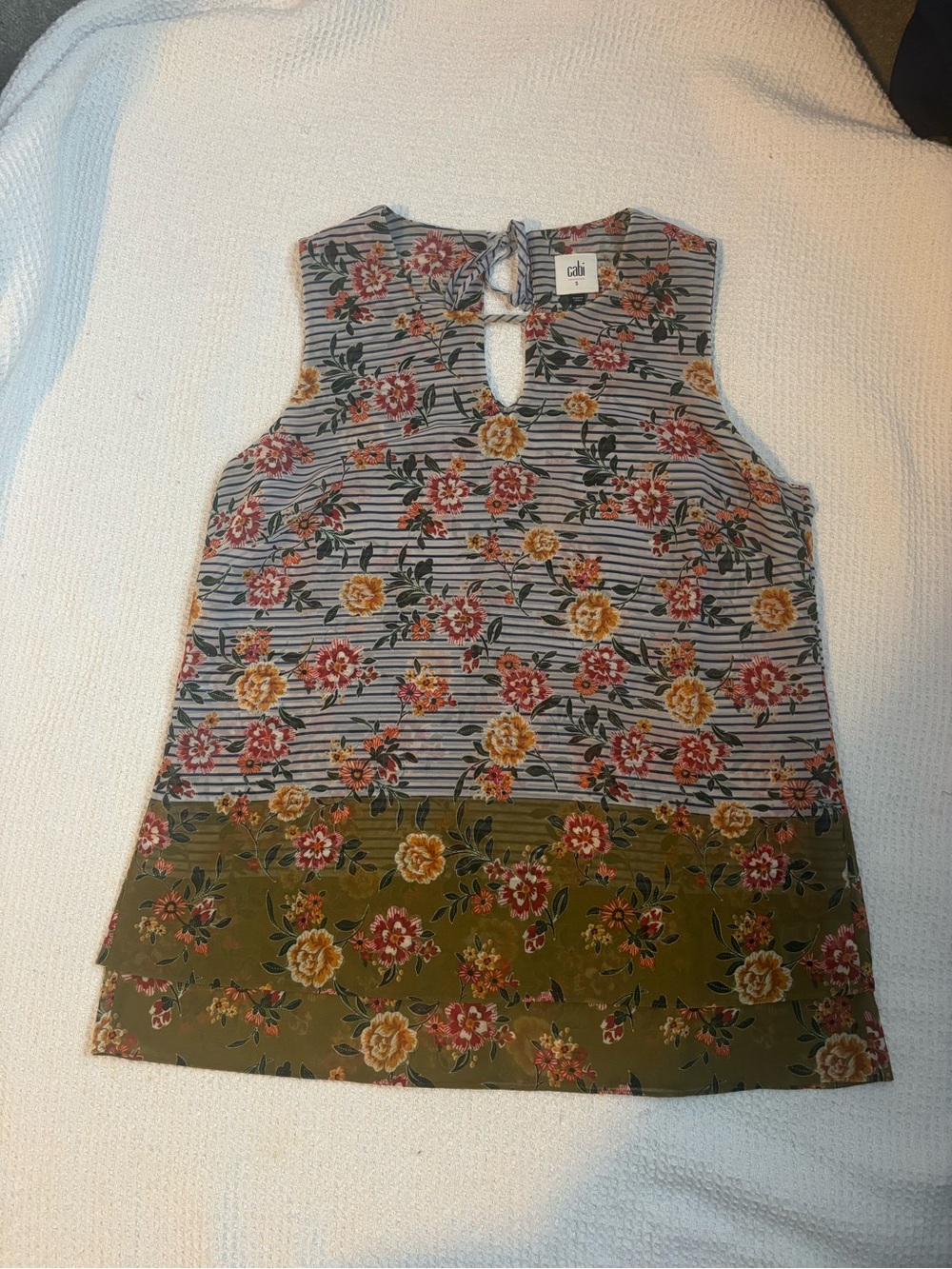 CAbi Floral Stripe Sleeveless Camisole in Olive, Yellow and Pink